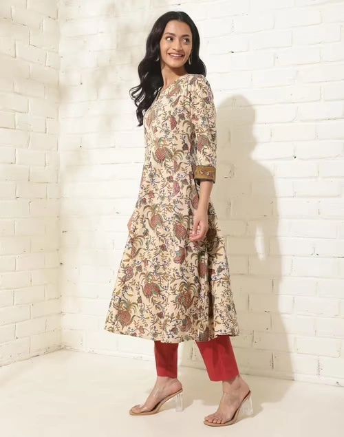 Beige Cotton Hand Block Printed Slim Fit Long Kurta 3 Beige Cotton Hand Block Printed Slim Fit Long Kurta