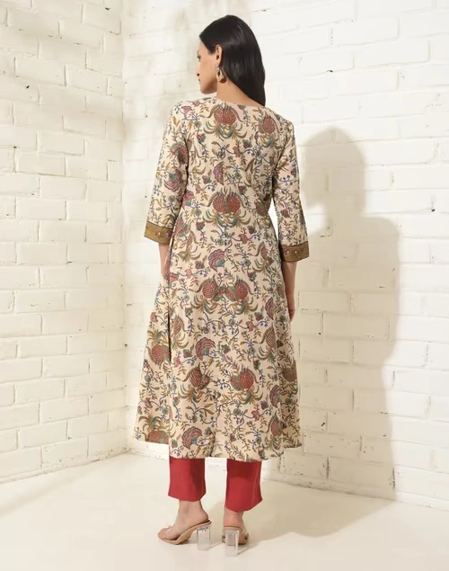 Beige Cotton Hand Block Printed Slim Fit Long Kurta 4 Beige Cotton Hand Block Printed Slim Fit Long Kurta