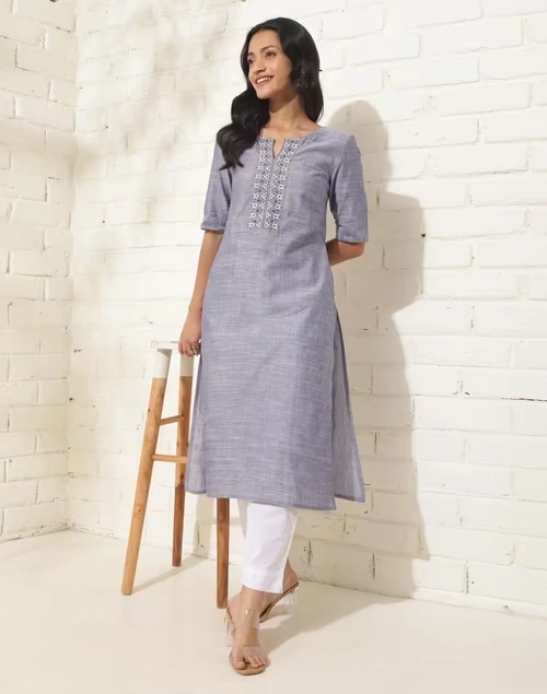 Blue Cotton Embroidered Slim Fit Long Kurta