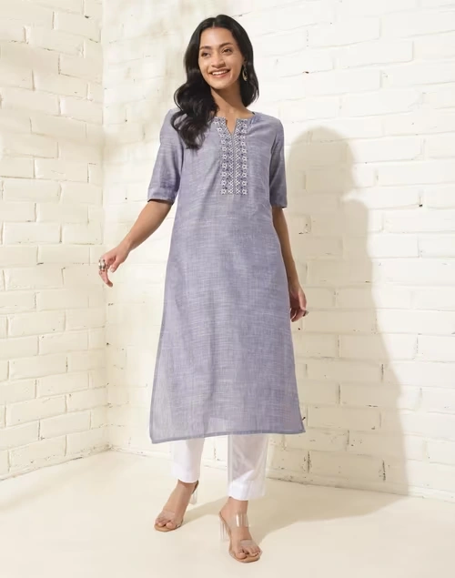 Blue Cotton Embroidered Slim Fit Long Kurta