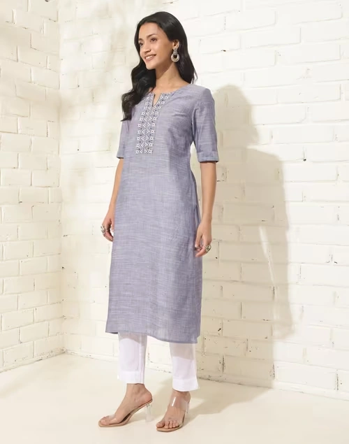 Blue Cotton Embroidered Slim Fit Long Kurta