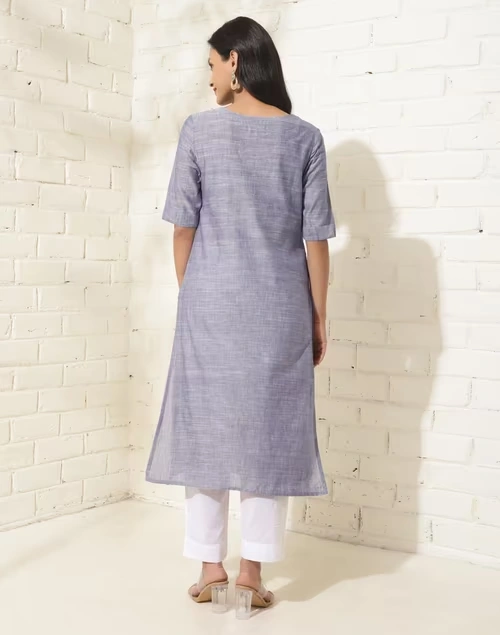 Blue Cotton Embroidered Slim Fit Long Kurta