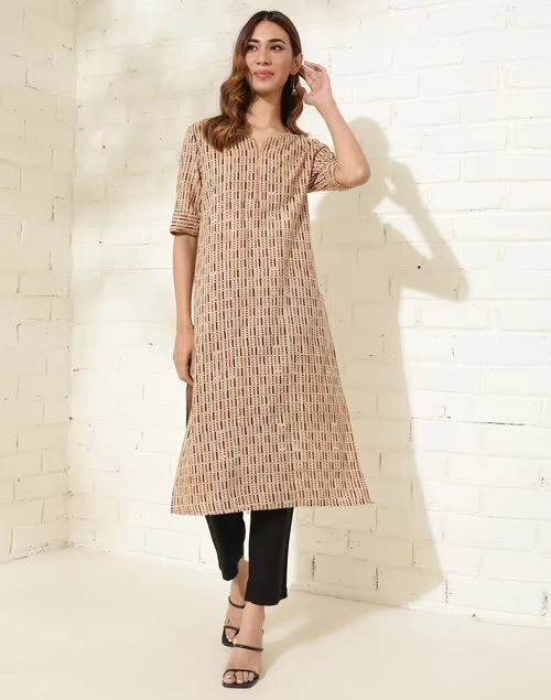 Beige Cotton Bagru Printed Knee Length Kurta