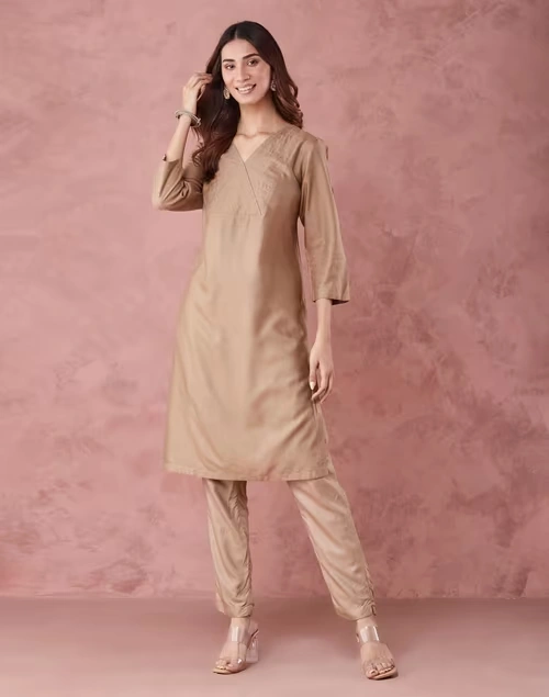 Beige Viscose Silk Embroidered Knee Length Kurta