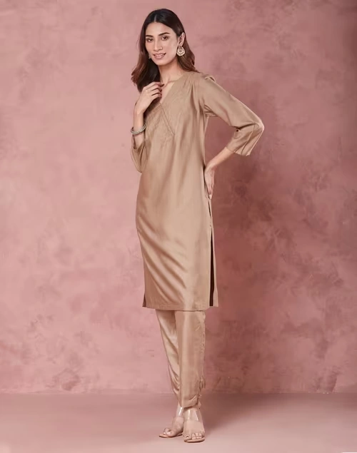 Beige Viscose Silk Embroidered Knee Length Kurta 3 Beige Viscose Silk Embroidered Knee Length Kurta