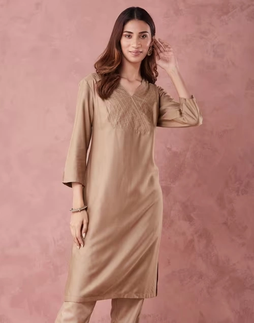 Beige Viscose Silk Embroidered Knee Length Kurta 4 Beige Viscose Silk Embroidered Knee Length Kurta