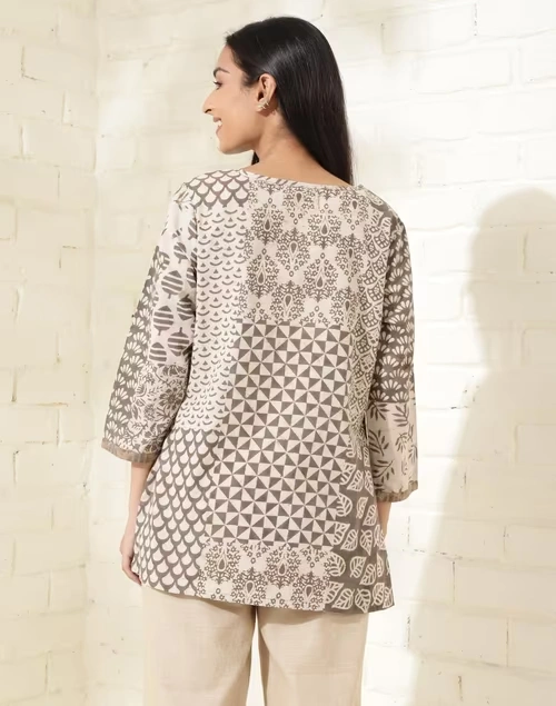 Grey Cotton Dabu Printed Short Kurta