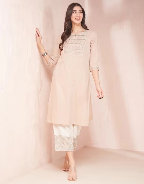 Beige Cotton Embroidered Long Kurta