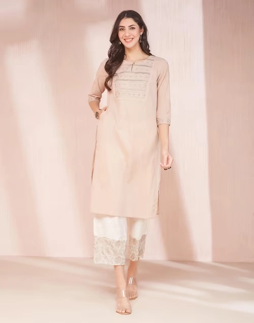 Beige Cotton Embroidered Long Kurta