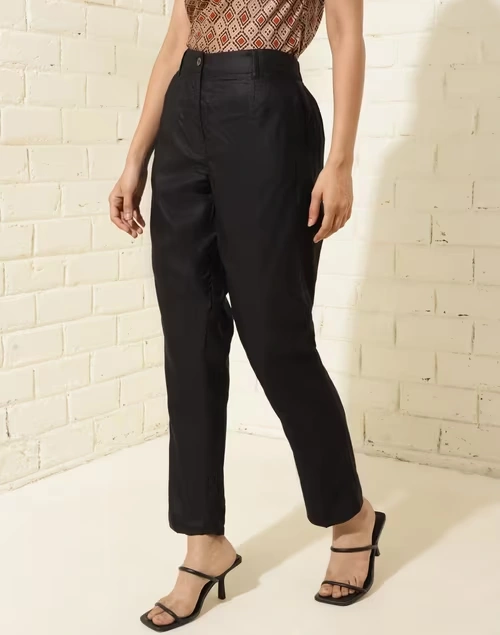 Black Viscose Silk Slim Fit Formal Kosi Pant