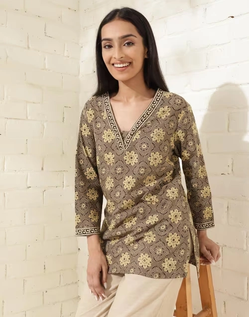 Grey Cotton Ajrakh Printed Short Kurta