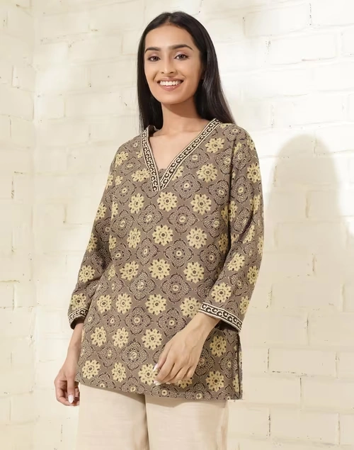 Grey Cotton Ajrakh Printed Short Kurta