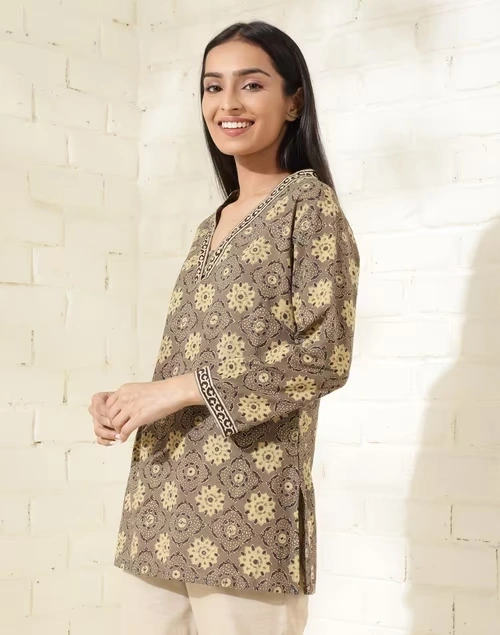 Grey Cotton Ajrakh Printed Short Kurta 3 Grey Cotton Ajrakh Printed Short Kurta