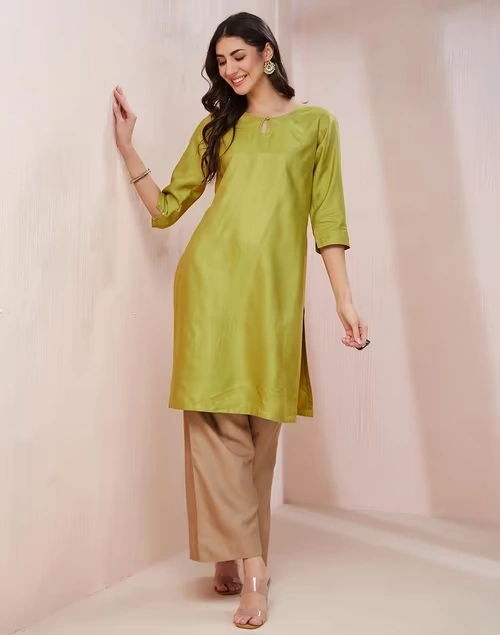 Green Viscose Silk Embroidered Knee Length Kurta