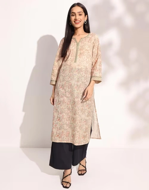 Beige Cotton Hand Block Printed Knee Length Kurta