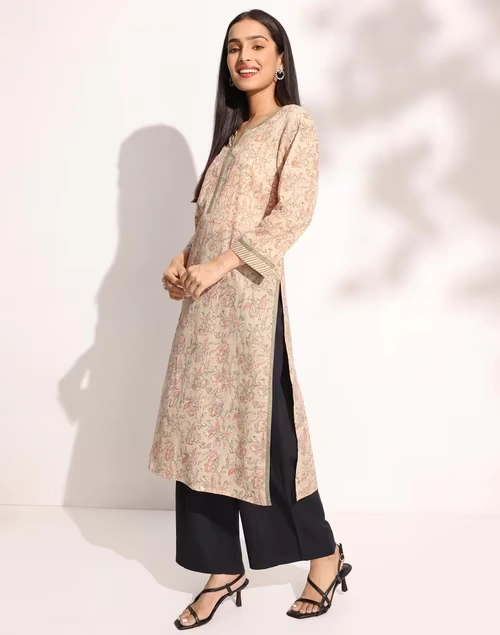 Beige Cotton Hand Block Printed Knee Length Kurta
