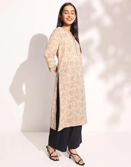 Beige Cotton Hand Block Printed Knee Length Kurta