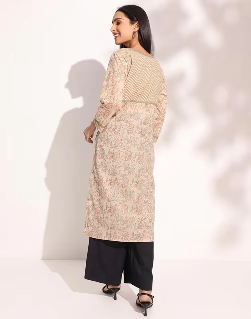 Beige Cotton Hand Block Printed Knee Length Kurta