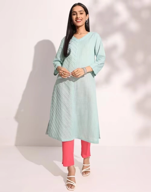 Blue Cotton Calf Length Long Kurta