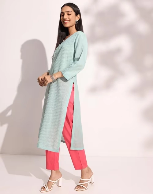 Blue Cotton Calf Length Long Kurta