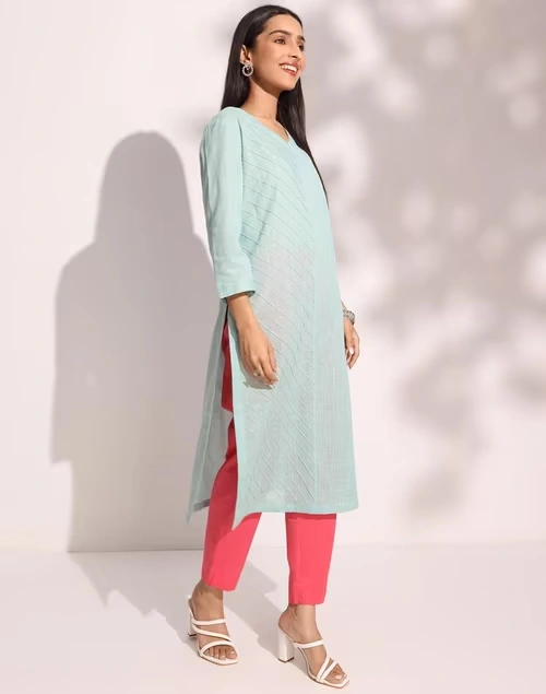 Blue Cotton Calf Length Long Kurta 3 Blue Cotton Calf Length Long Kurta