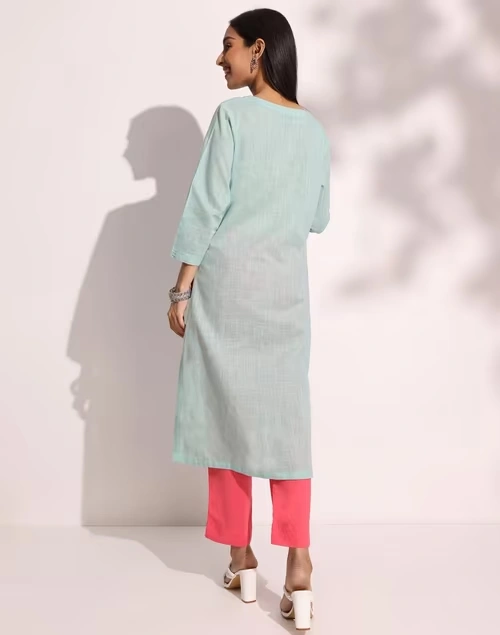 Blue Cotton Calf Length Long Kurta 4 Blue Cotton Calf Length Long Kurta