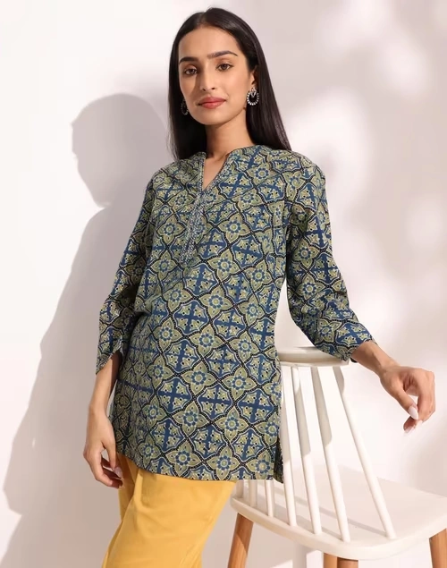 Teal Cotton Ajrakh Printed Short Kurta
