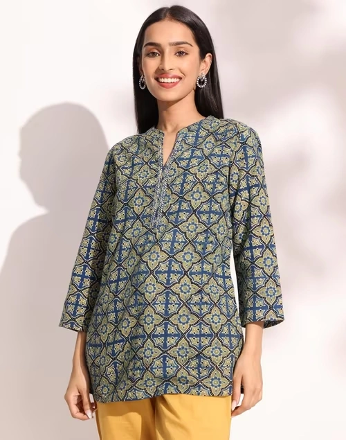 Teal Cotton Ajrakh Printed Short Kurta