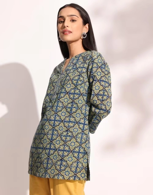 Teal Cotton Ajrakh Printed Short Kurta