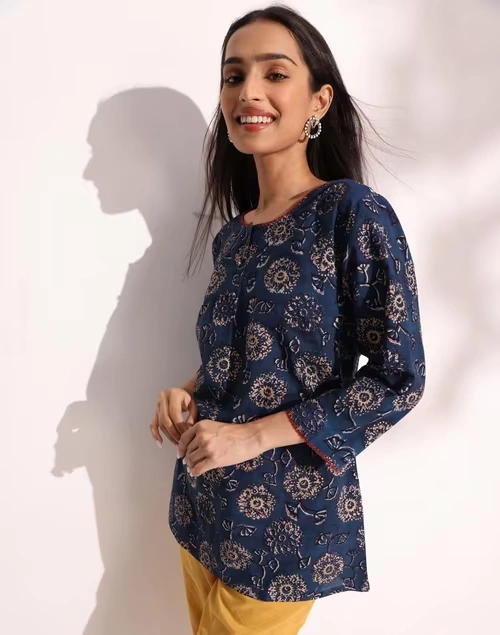 Indigo Cotton Dabu Printed Short Kurta