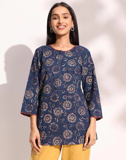 Indigo Cotton Dabu Printed Short Kurta