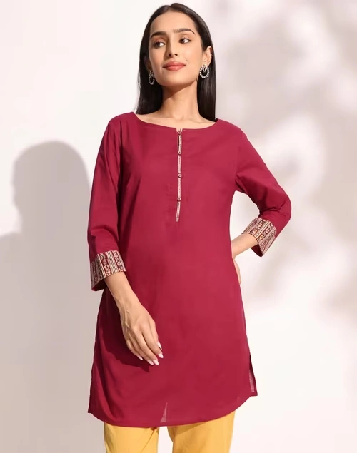 Red Cotton Slim Fit Short Kurta