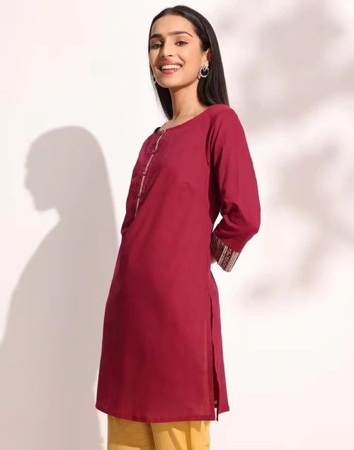 Red Cotton Slim Fit Short Kurta