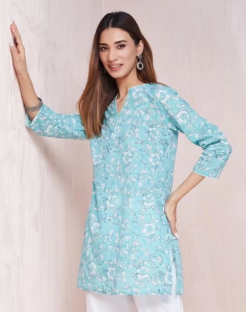 Blue Cotton Hand Block Printed Slim Fit Short Kurta