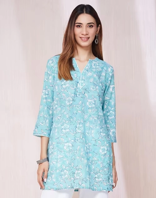 Blue Cotton Hand Block Printed Slim Fit Short Kurta