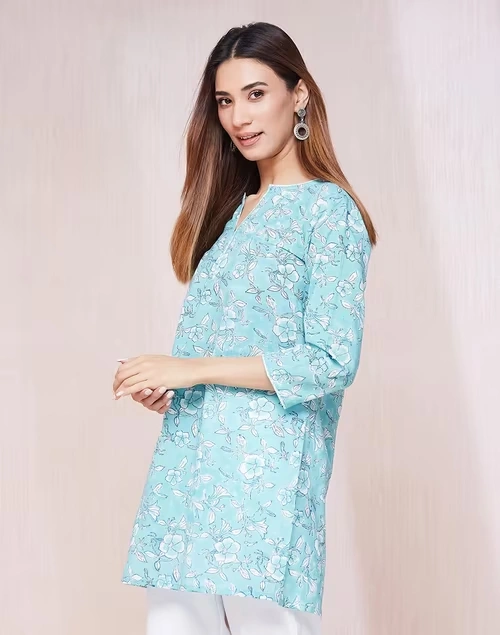 Blue Cotton Hand Block Printed Slim Fit Short Kurta