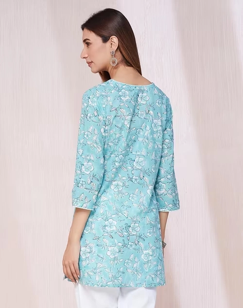 Blue Cotton Hand Block Printed Slim Fit Short Kurta