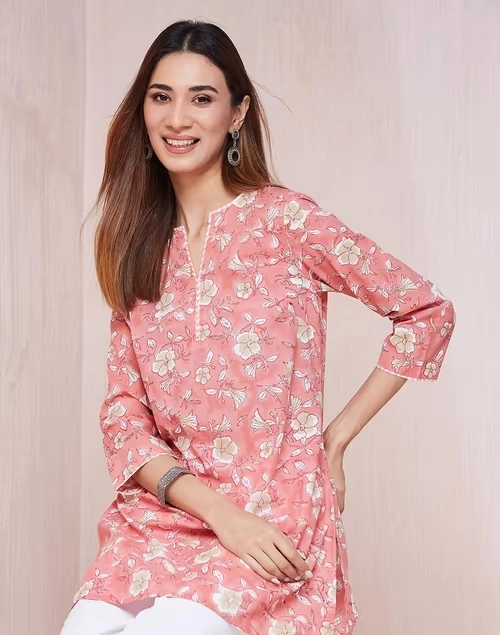 Pink Cotton Hand Block Printed Slim Fit Short Kurta