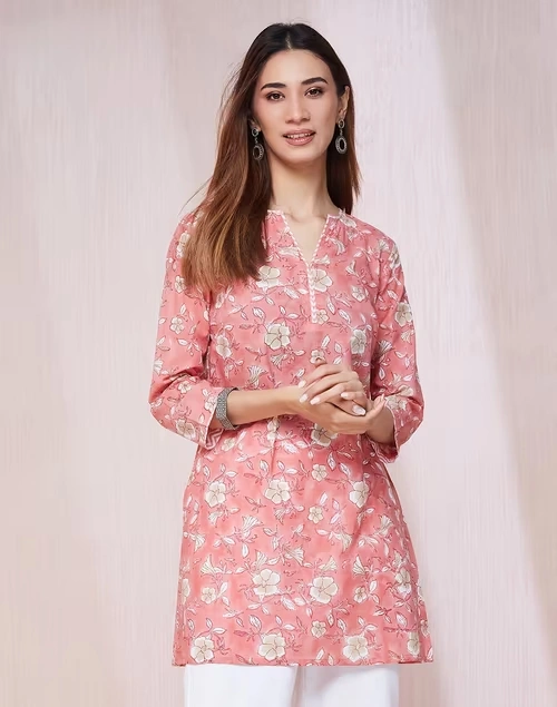 Pink Cotton Hand Block Printed Slim Fit Short Kurta