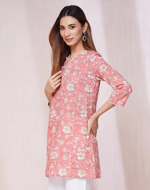 Pink Cotton Hand Block Printed Slim Fit Short Kurta