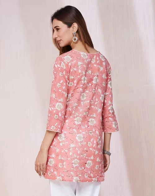 Pink Cotton Hand Block Printed Slim Fit Short Kurta