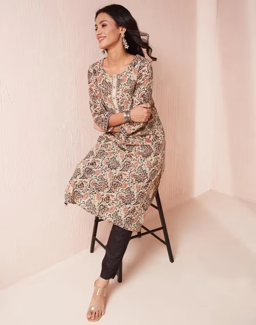 Beige Cotton Kalamkari Printed Long Kurta