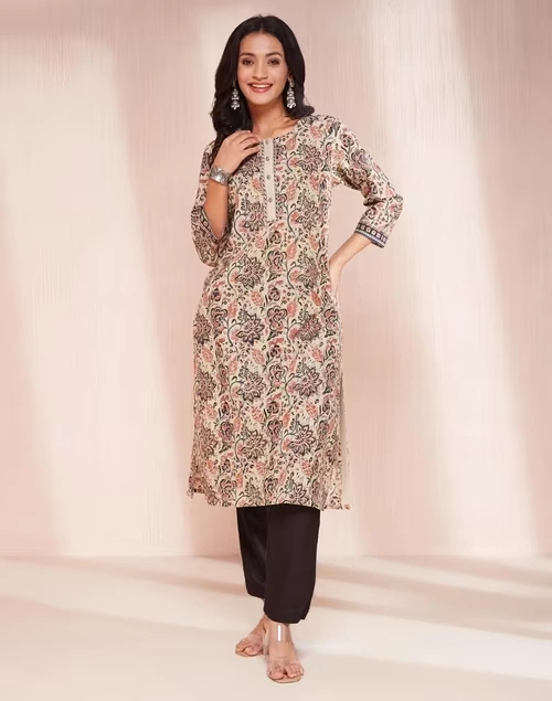 Beige Cotton Kalamkari Printed Long Kurta