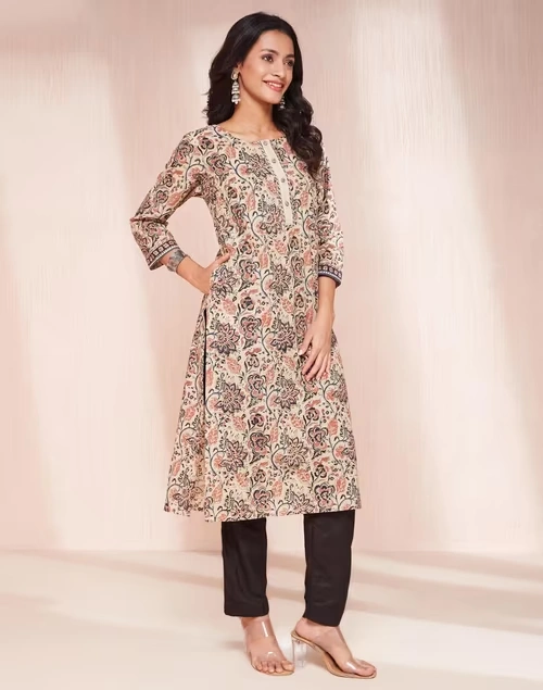 Beige Cotton Kalamkari Printed Long Kurta