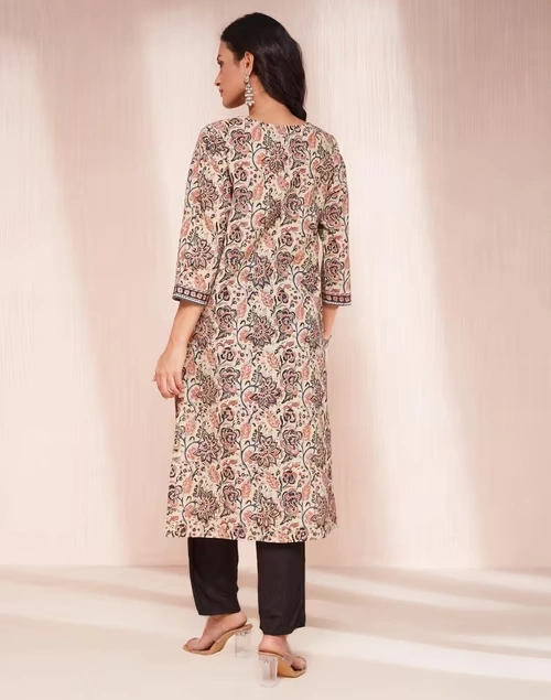Beige Cotton Kalamkari Printed Long Kurta