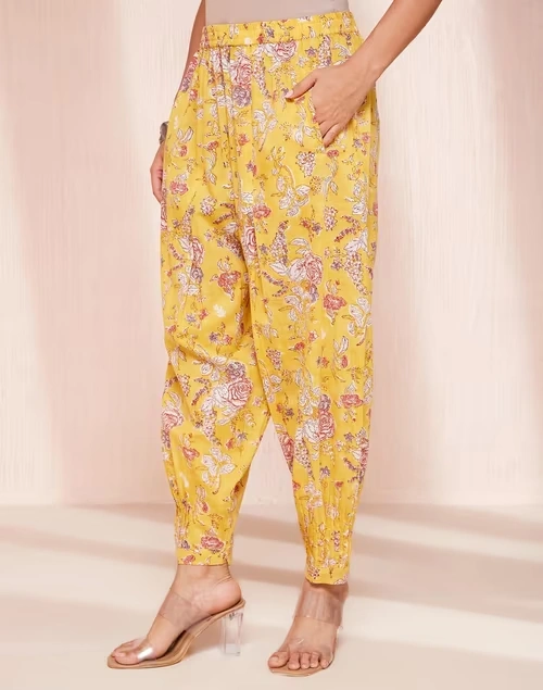 Yellow Cotton Hand Block Printed Salwar