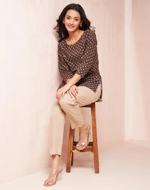 Brown Cotton Dabu Printed Short Kurta