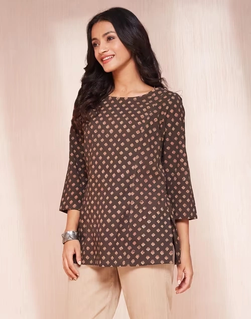 Brown Cotton Dabu Printed Short Kurta 3 Brown Cotton Dabu Printed Short Kurta