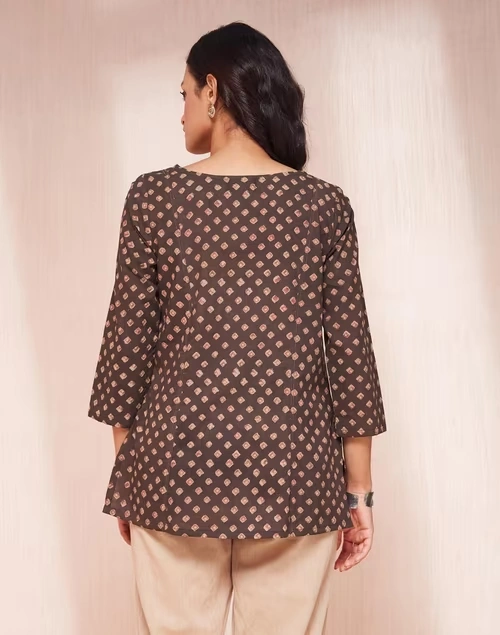 Brown Cotton Dabu Printed Short Kurta 4 Brown Cotton Dabu Printed Short Kurta