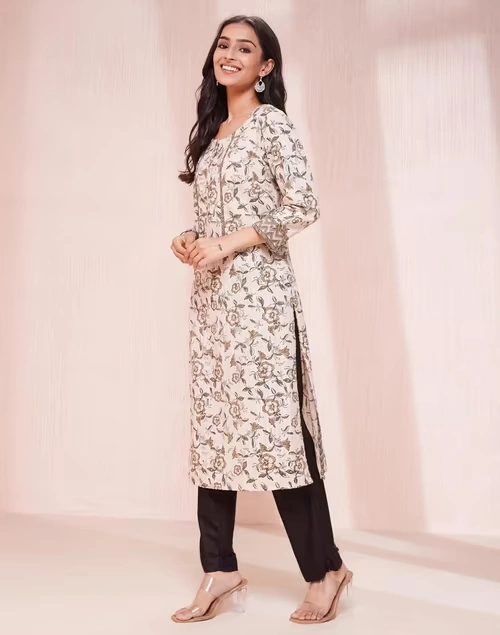 Beige Cotton Hand Block Printed Long Kurta 3 Beige Cotton Hand Block Printed Long Kurta